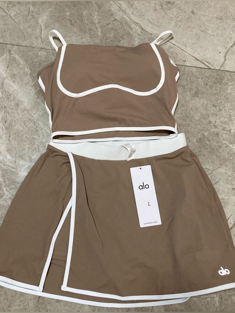ALO Yoga Brown Midi Skirt Set with White Trim